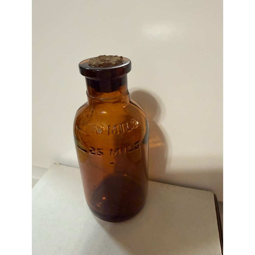Vintage Amber Glass Apothecary Bottle 30 Mils Illinois Glass Co Cork Stopper